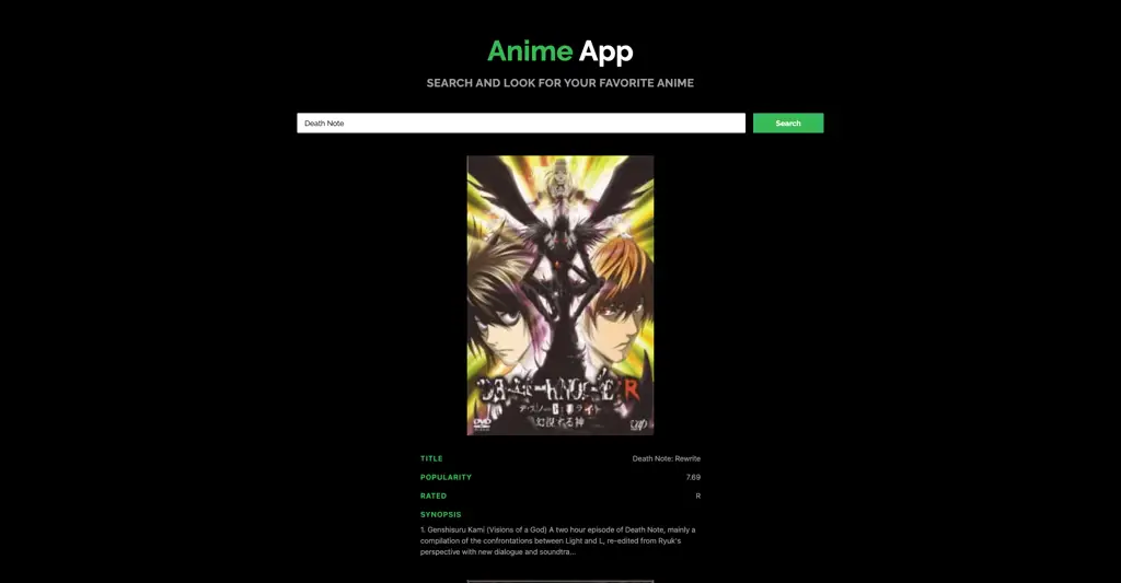 Antarmuka situs pencarian anime