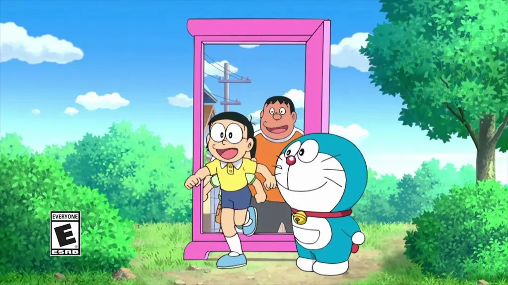 Gambar Doraemon sedang menonton televisi bersama Nobita dan teman-temannya